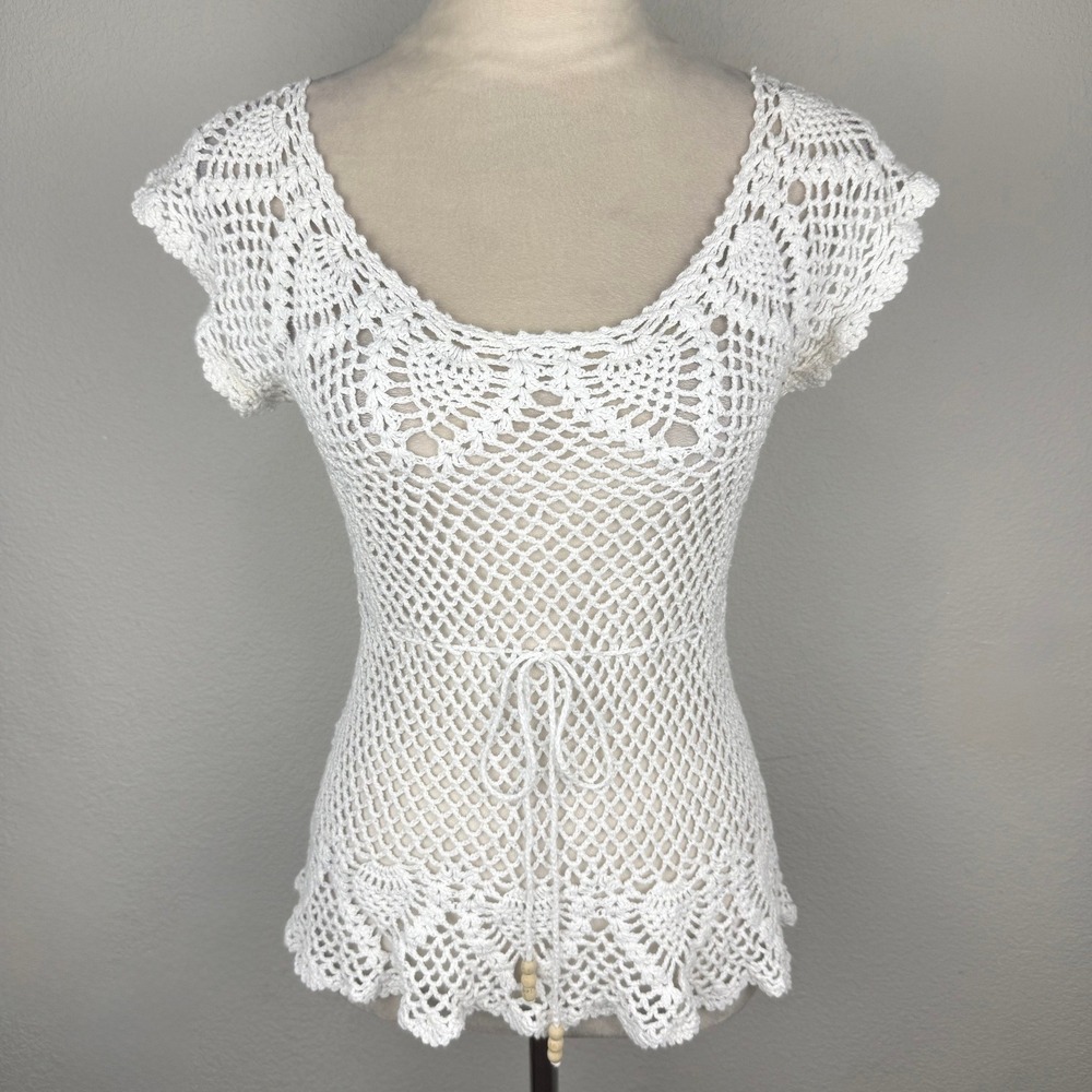 Y2K No Boundaries White Crochet Knit Top Drawstring Waist Wood Beads Boho Small